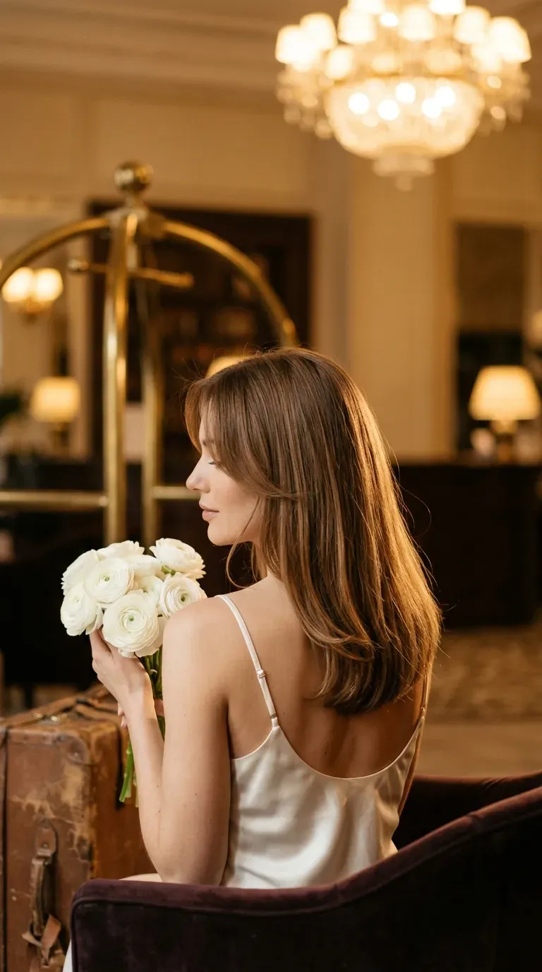 Over the shoulder view of medium length haircuts with layers styled in beach waves