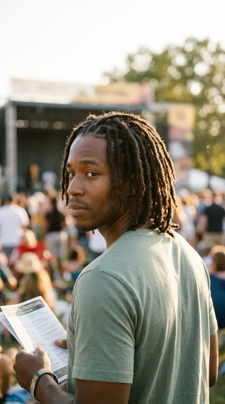 Over the shoulder view of a man with medium length locs falling to his jaw