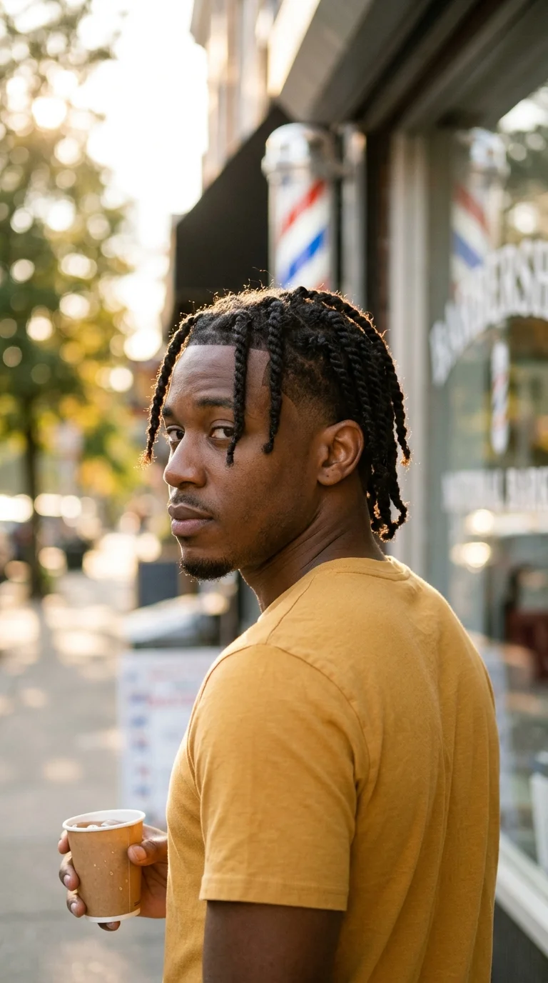 Three quarter back view of a man with medium length two strand twists and a clean taper
