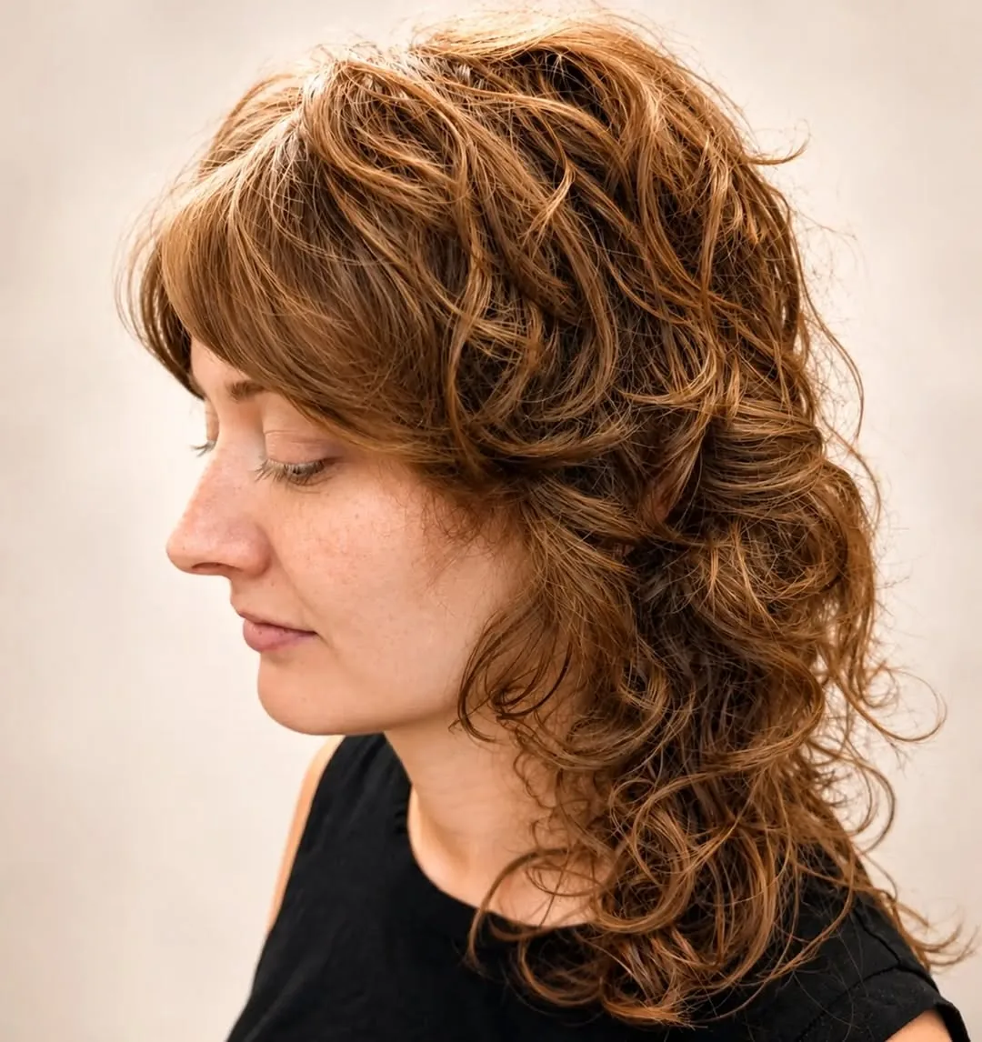 Medium shag haircut: curly medium shag