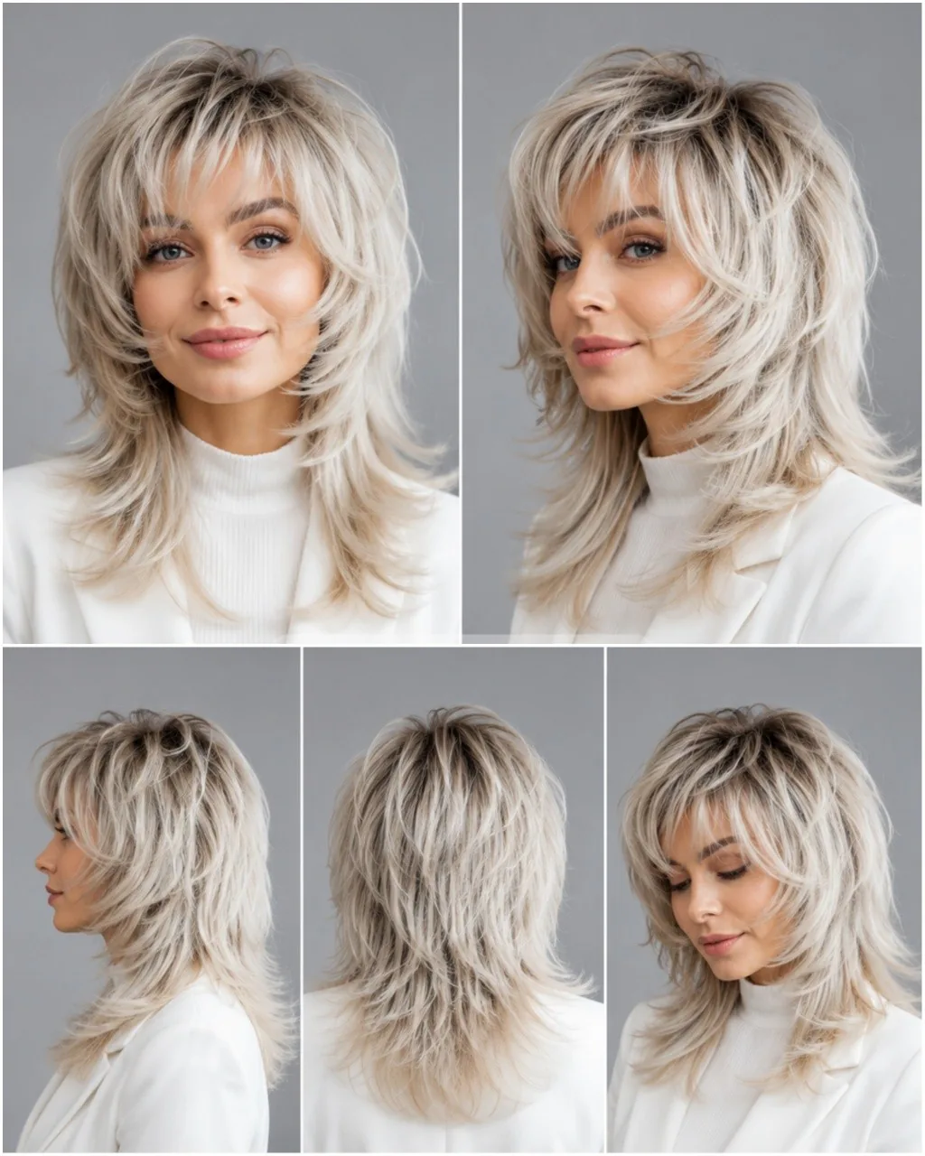Medium shag haircut: blonde shag with dark roots