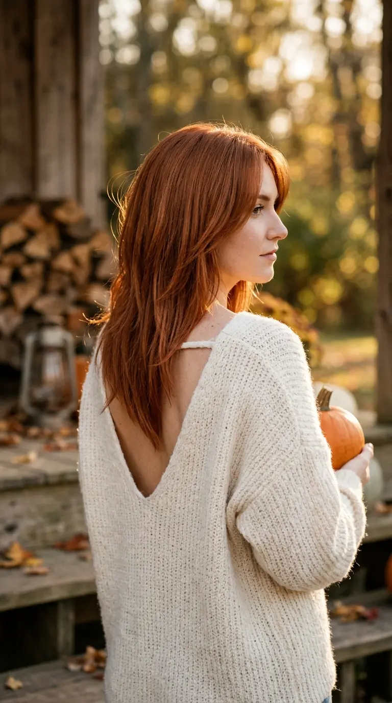 Over the shoulder view of a red medium V cut with a pointed back hemline