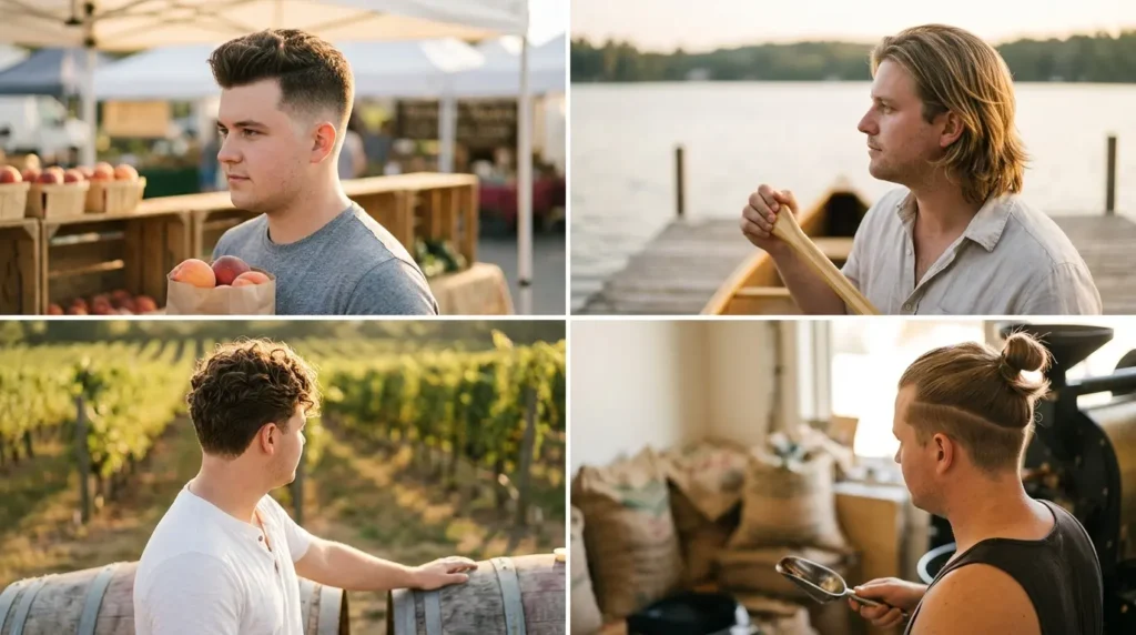 Four photo collage of mens haircuts for round faces in side and three quarter views