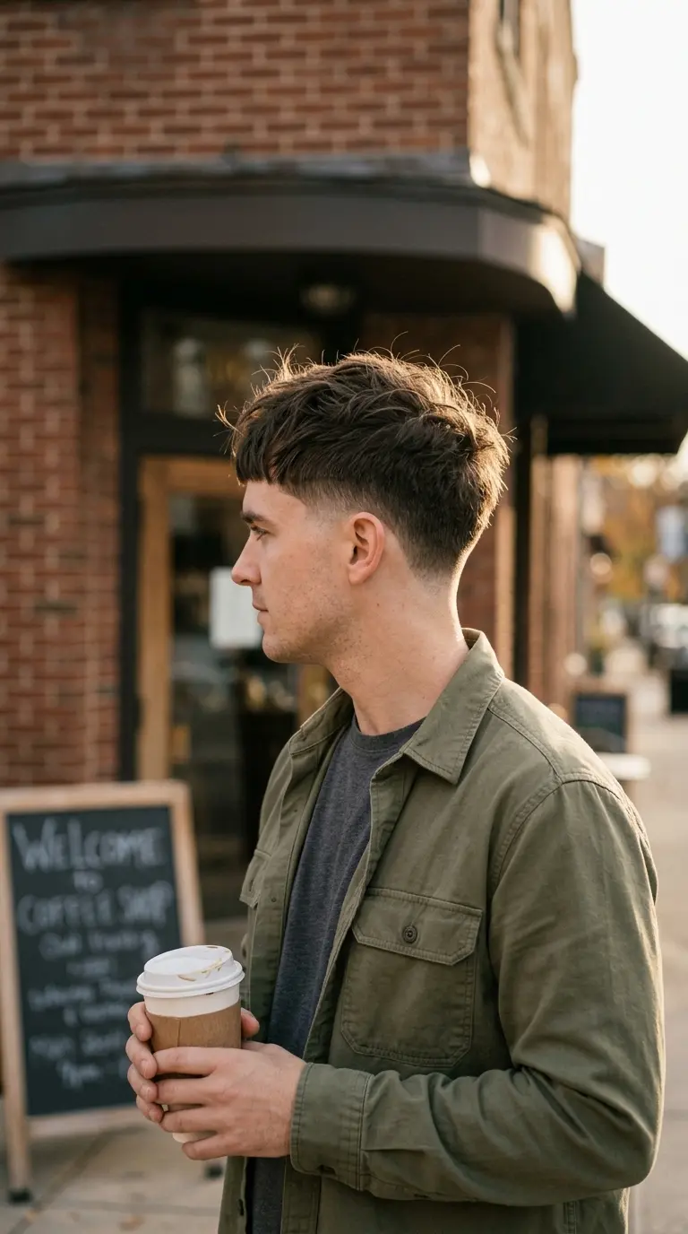 Three quarter view of a textured French crop, one of the most requested mens haircuts