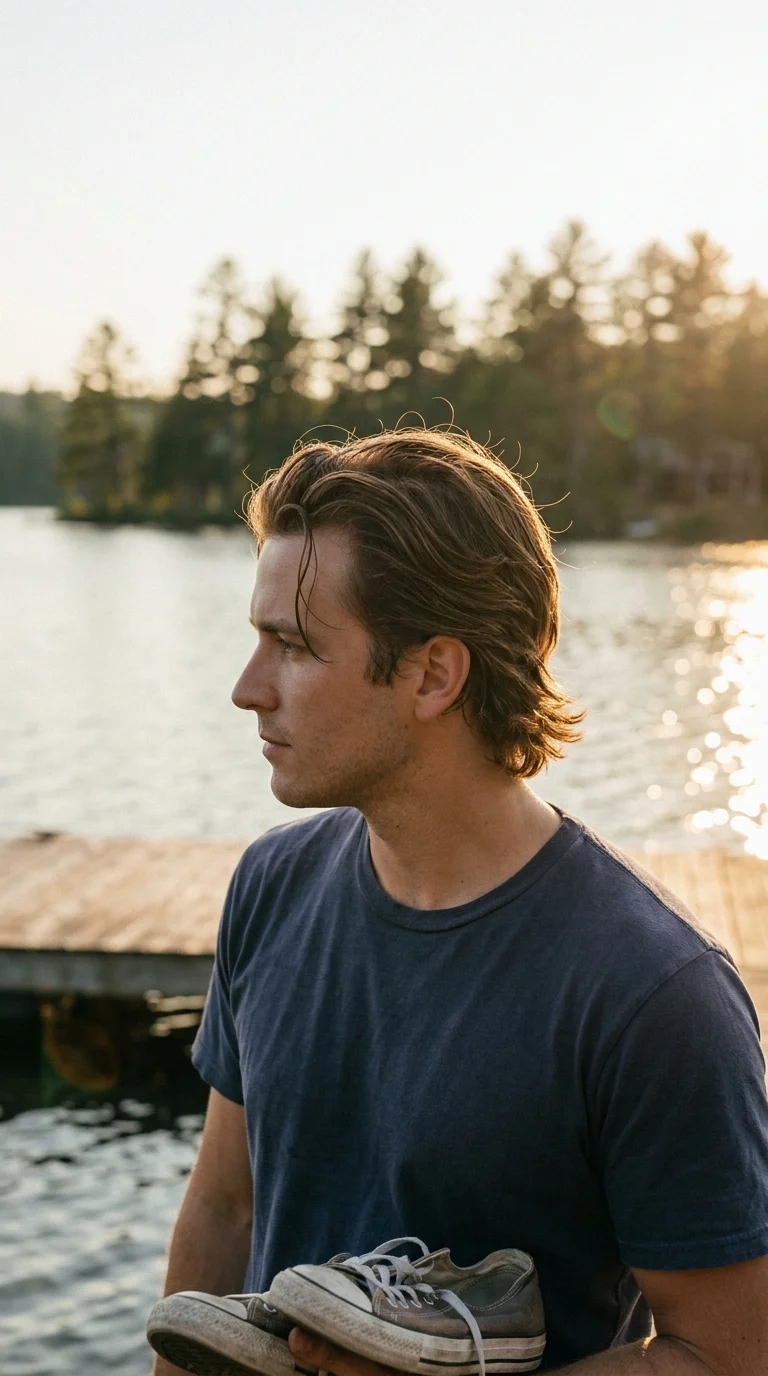 Mens medium length hairstyles example, a textured flow pushed back with ends curling over the collar