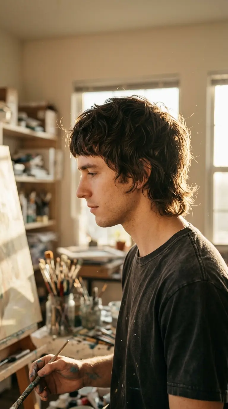 Side profile of a man with a shaggy wolf cut and choppy layers