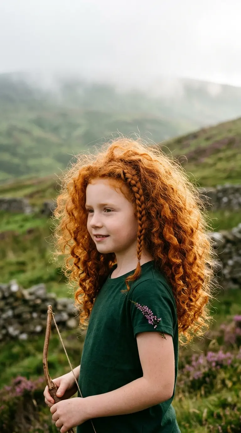 Three quarter front view of a girl with big red curls and two tiny braids at the temples on a hillside