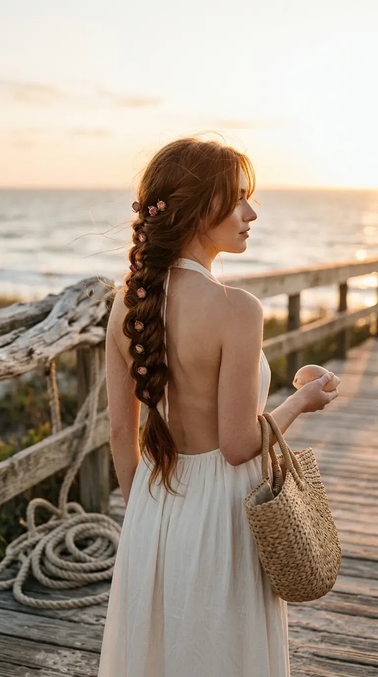 Three quarter back view of a mermaid braid with small rosebud pins