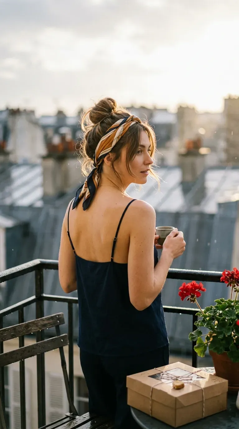 Over the shoulder view of a messy bun wrapped with a silk scarf on a balcony