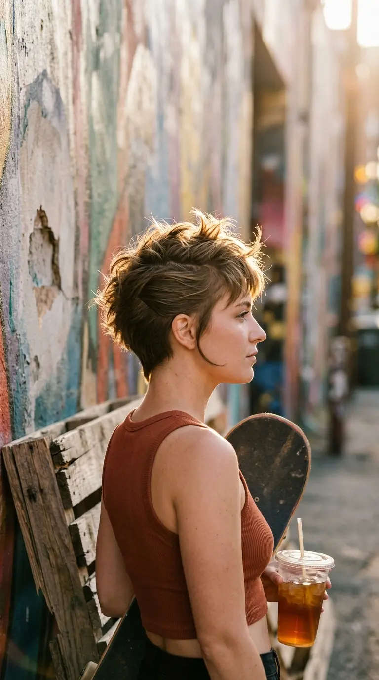 Side profile of a dark blonde messy faux hawk pixie by a painted city wall