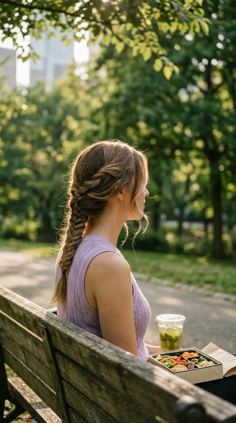 Side view of a messy fishtail braid with pulled out edges on a park bench
