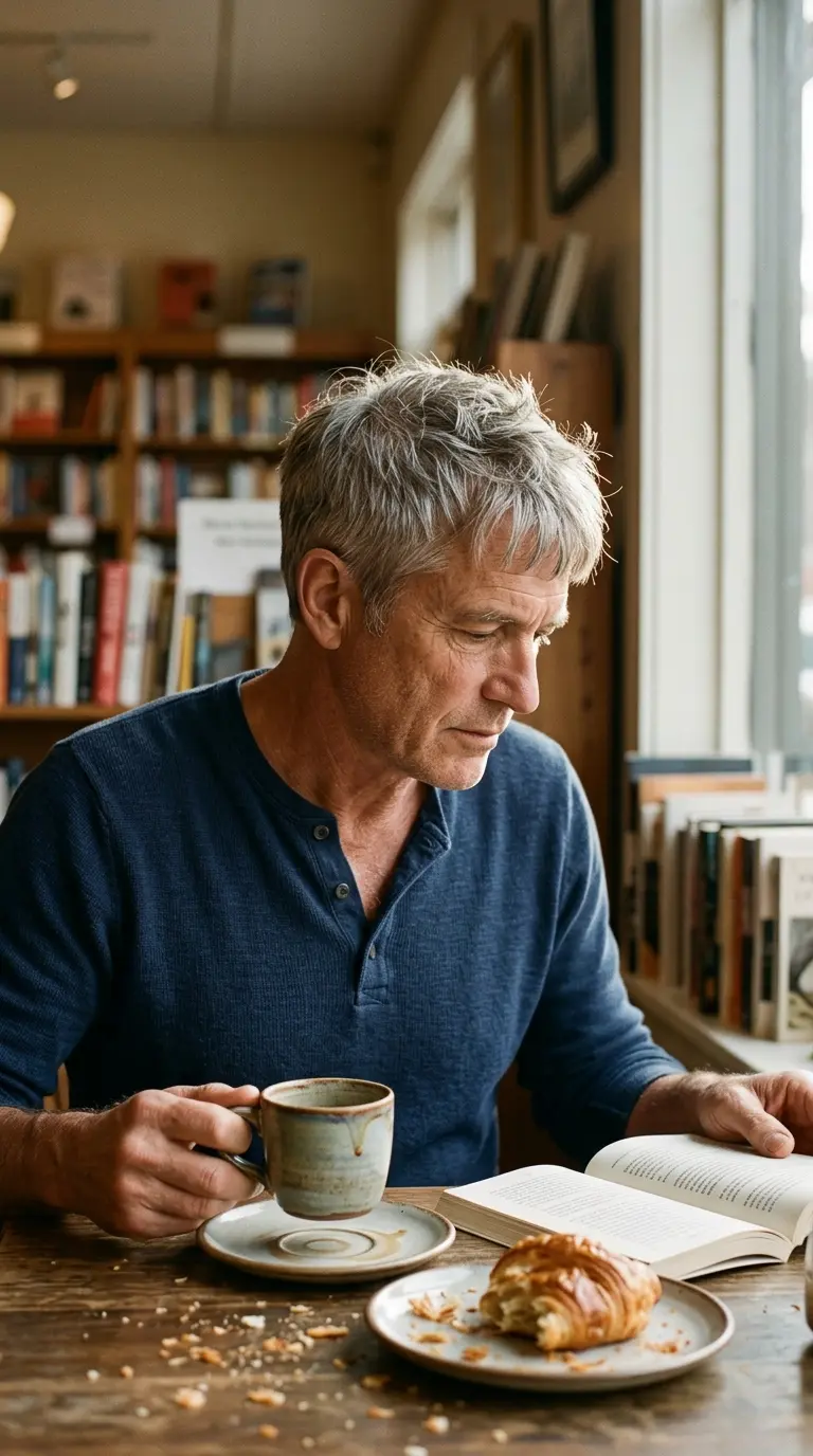 Three quarter view of a short messy grey fringe in a bookstore cafe