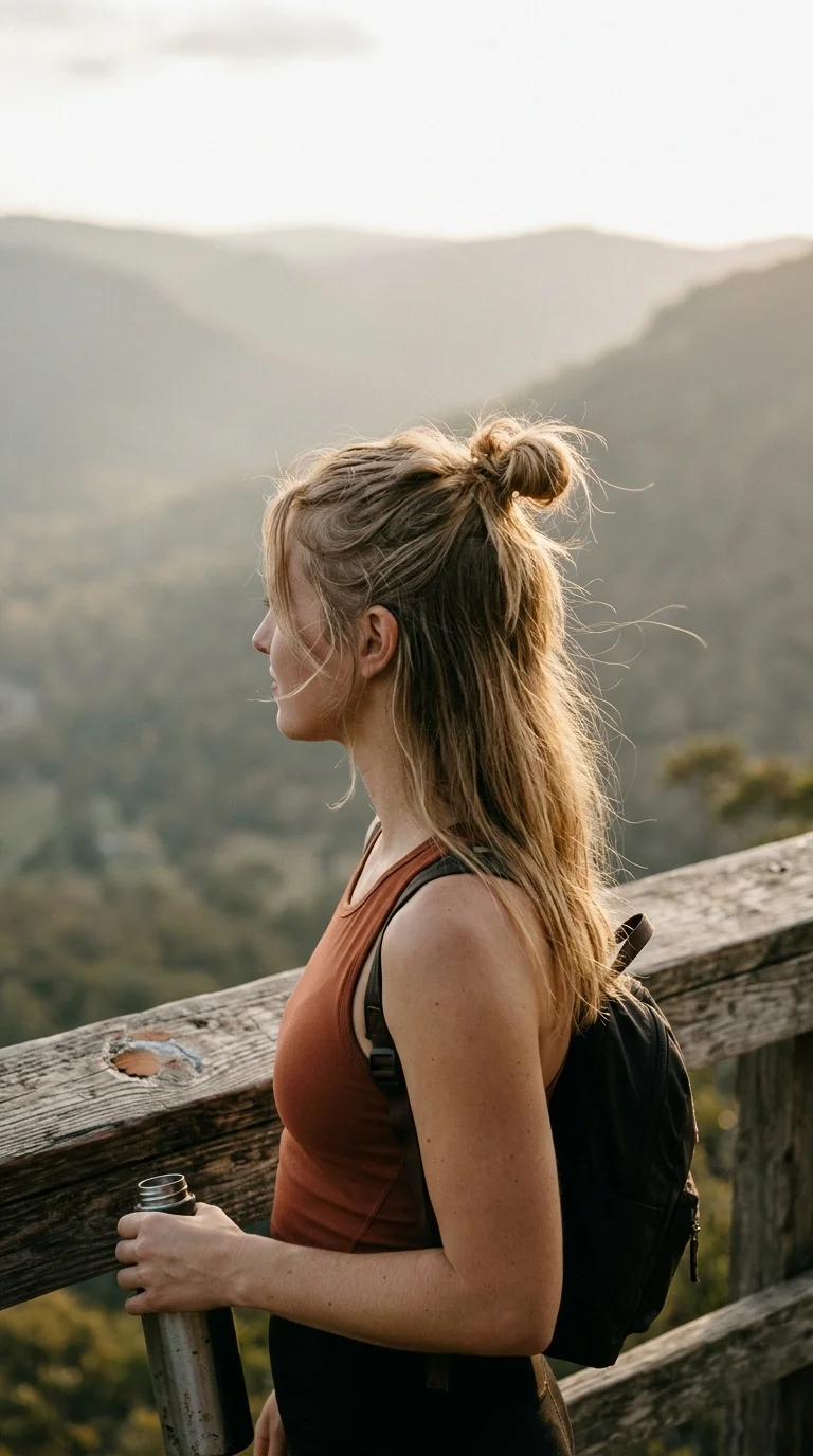Dirty blonde messy half up topknot seen from a three quarter front side view