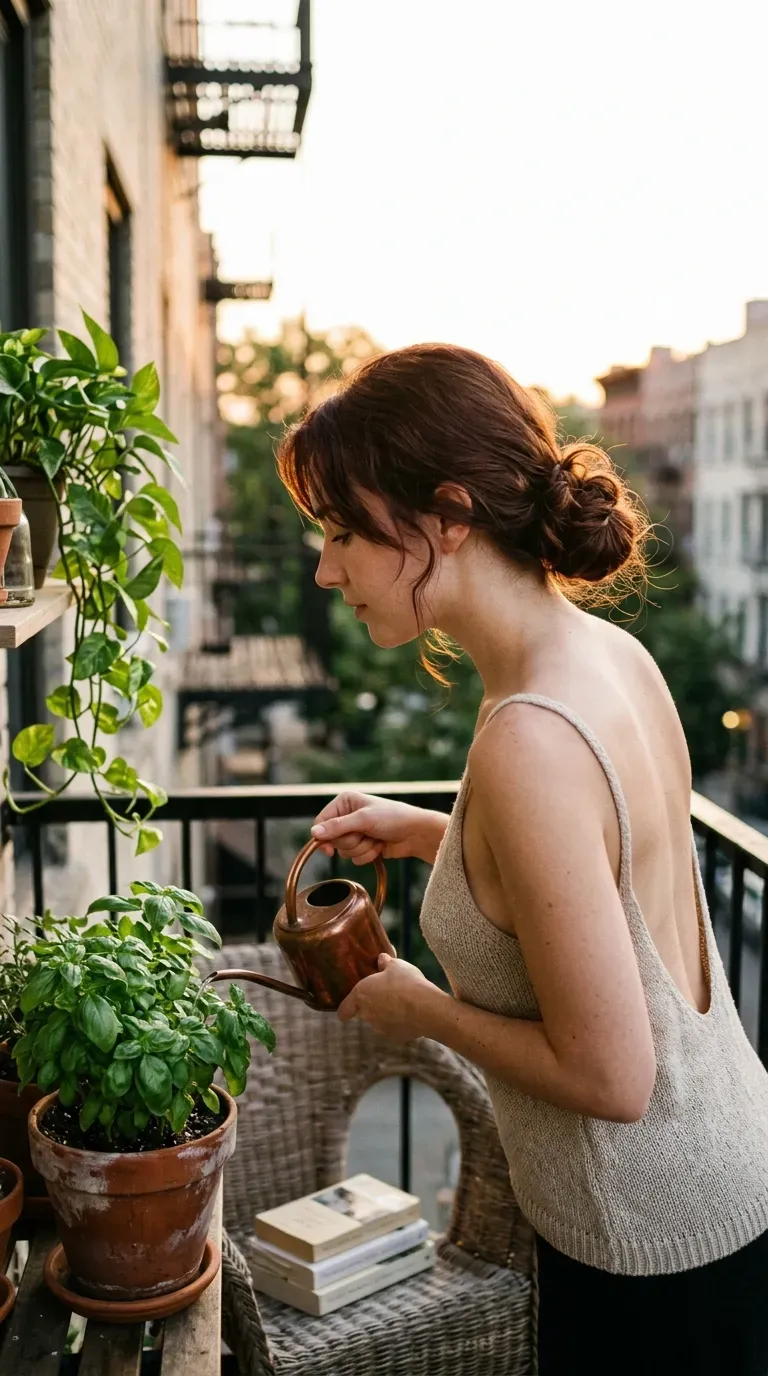 Side profile of a dark auburn messy low bun with loose wisps on a balcony