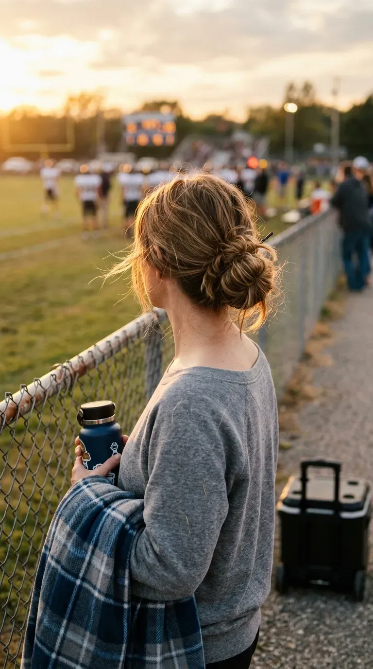 Messy low bun with face framing pieces on a mom in the bleachers
