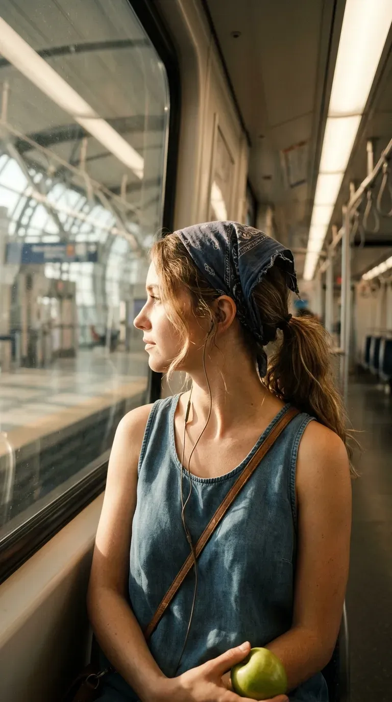 Side profile of a messy low ponytail with a cotton bandana on an airport shuttle