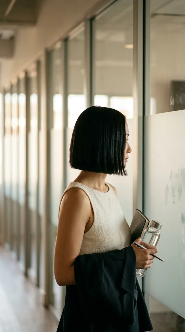 Three quarter back view of a messy textured crop in an office kitchen