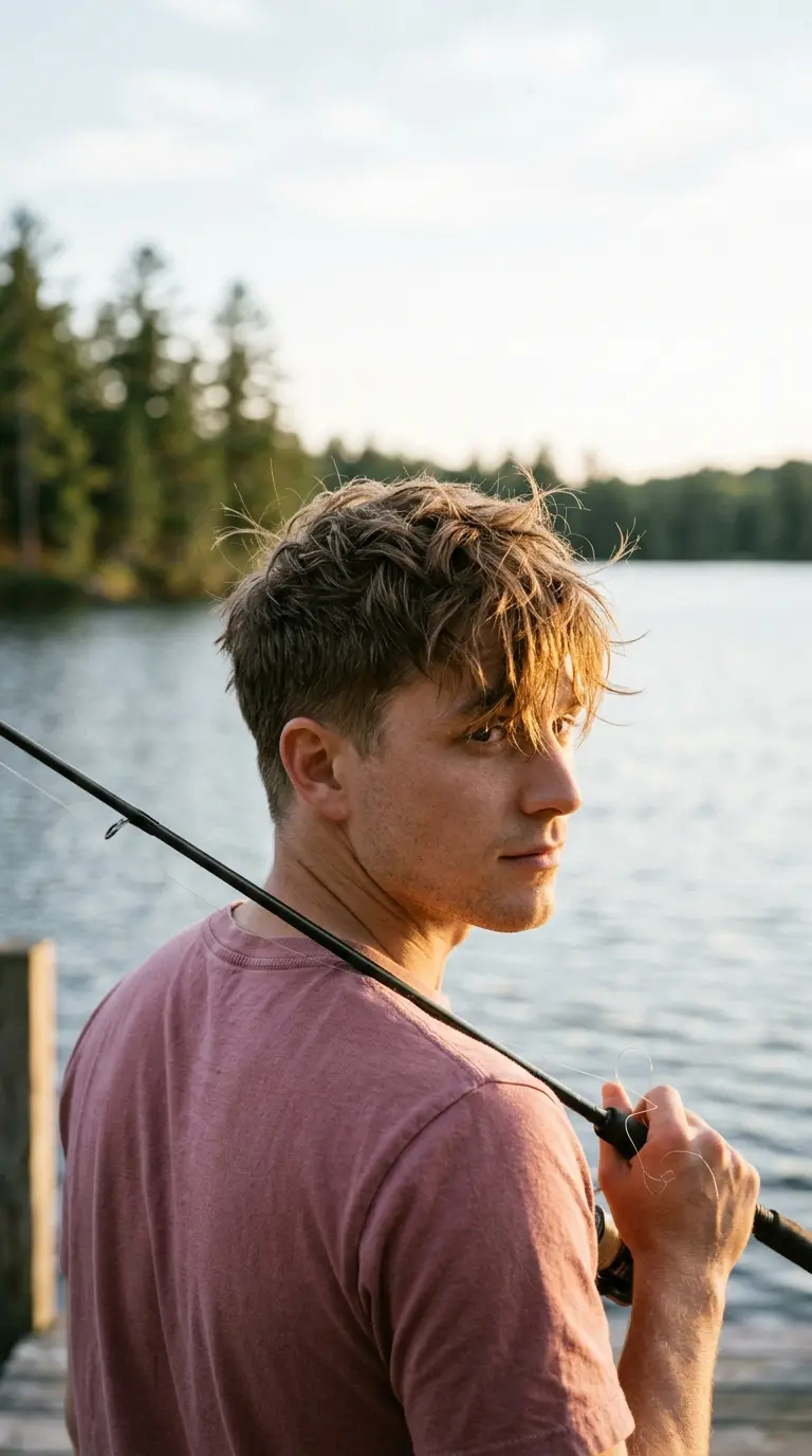 Over the shoulder view of a man with a messy textured fringe and a mid taper