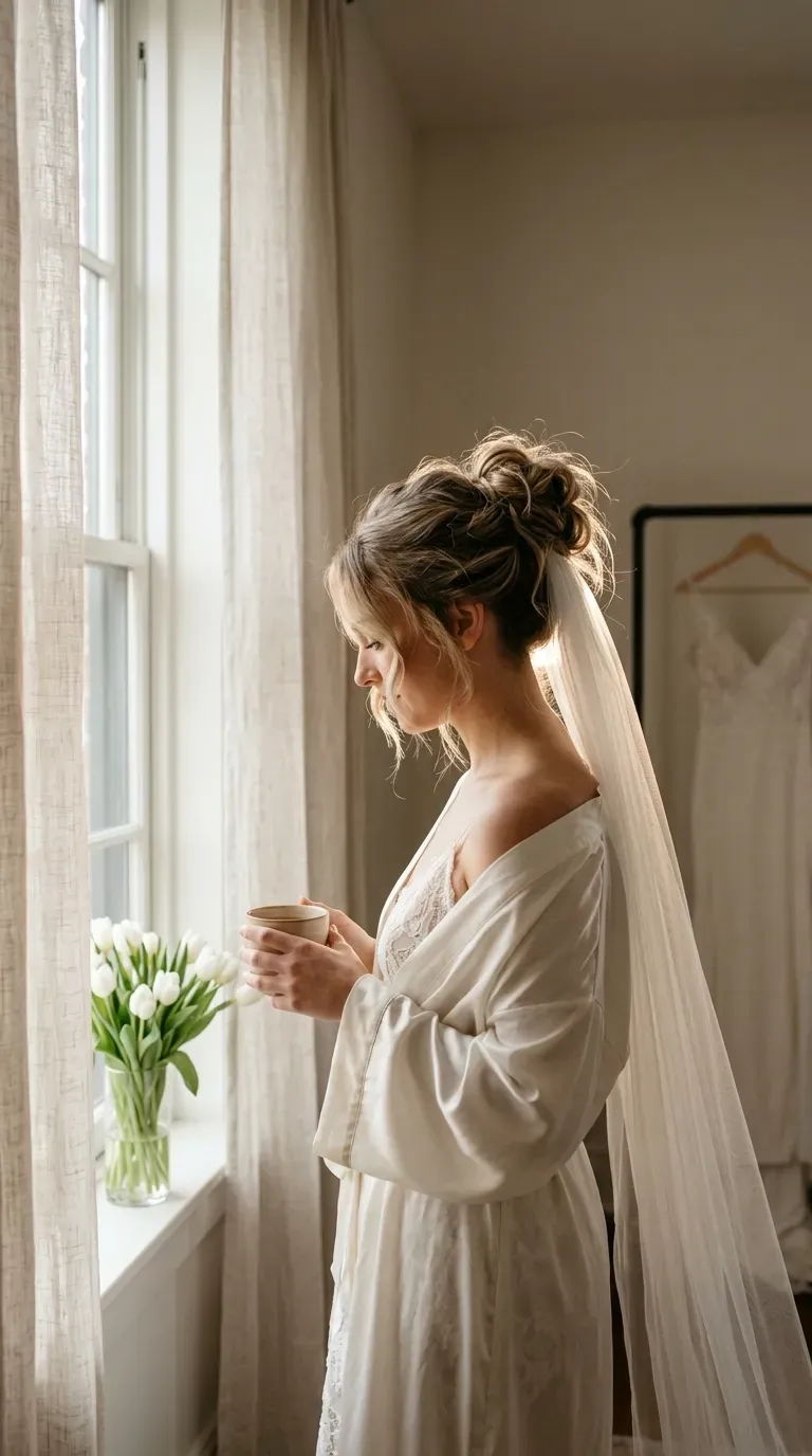 Side profile of a messy textured updo with a long cathedral veil