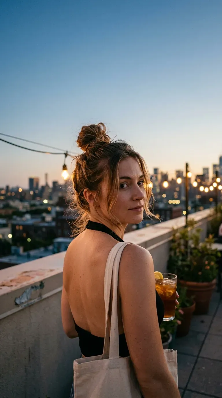 Over the shoulder view of a messy top knot with loose face framing pieces