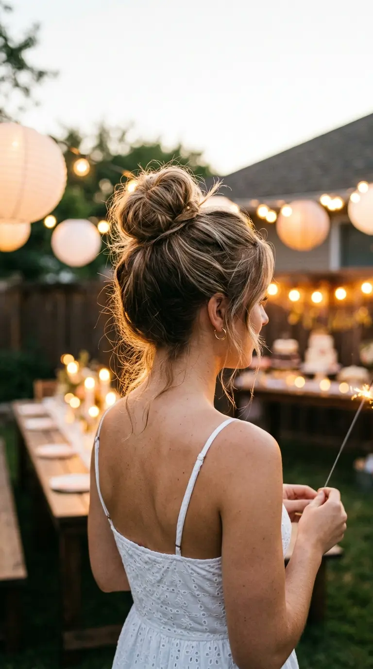 Three quarter back view of a big messy top knot on long wavy hair at a summer party