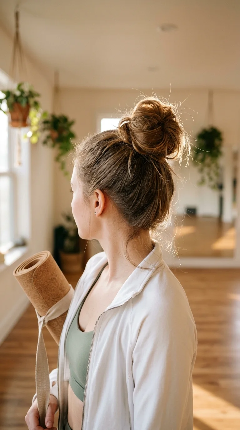 Side back view of a big messy top knot made fuller by teasing the ponytail on long thin light brown hair