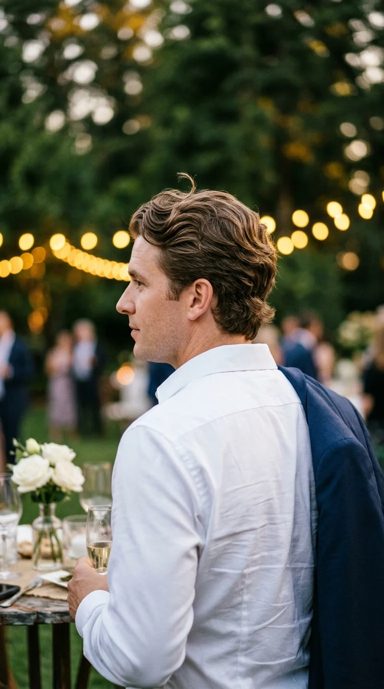 Over the shoulder view of a messy wavy fringe and low taper outdoors