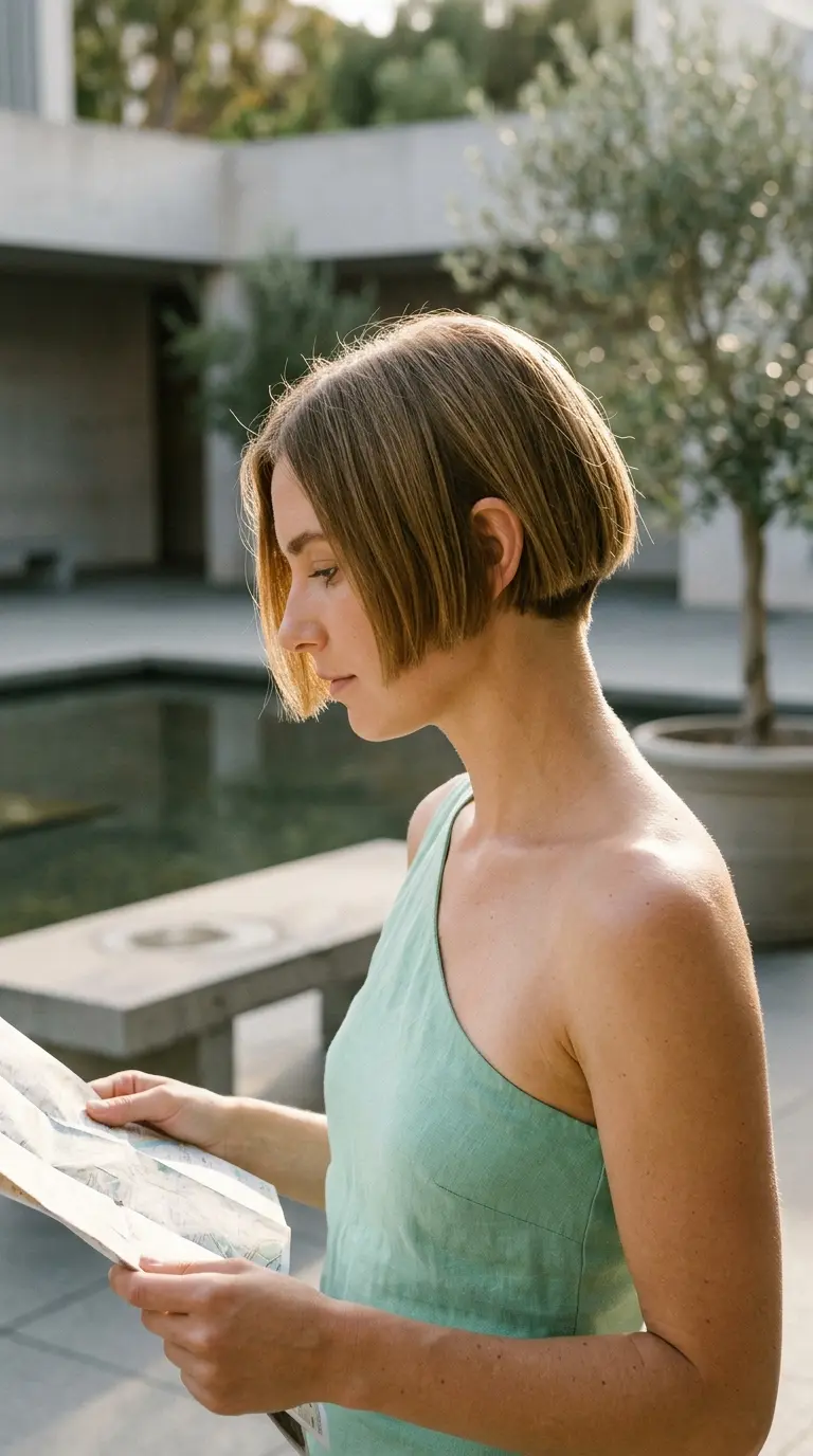 Side profile of a dark blonde micro bob that ends above the jawline