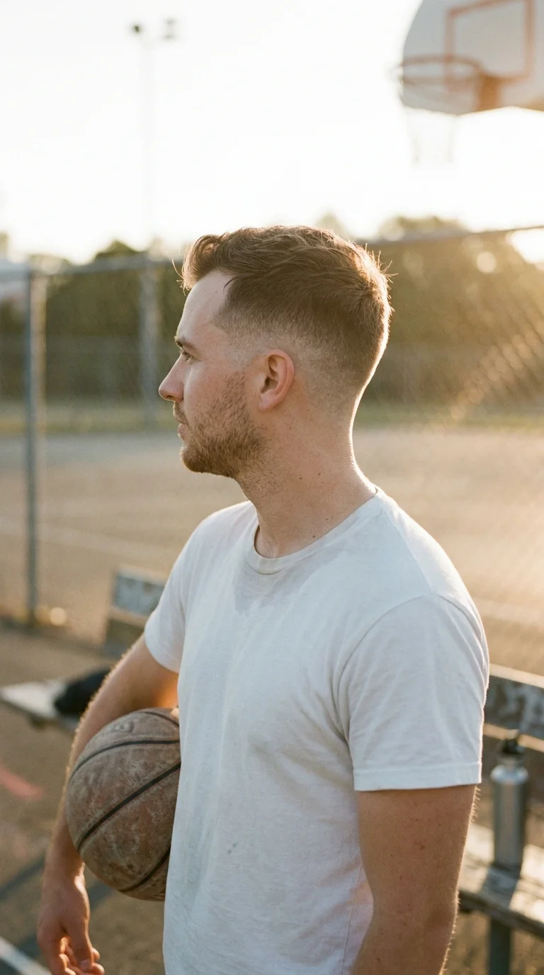 Three quarter front view of a mid fade with a short brushed up top