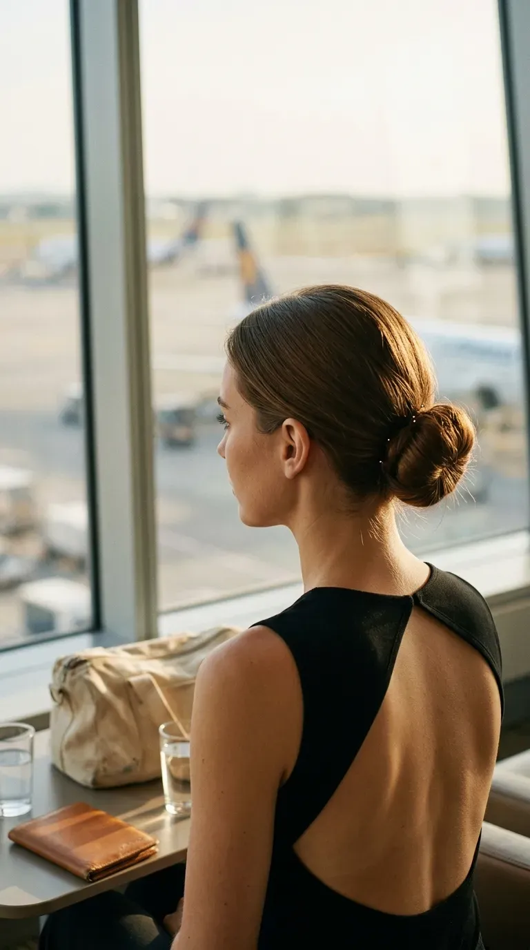 Three quarter back view of a mid height bun near an airport lounge window