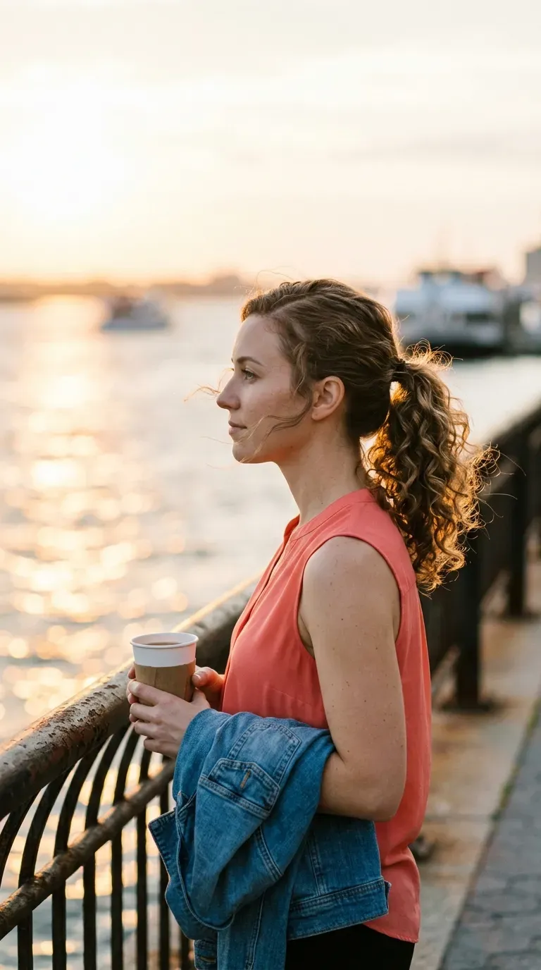 Side profile of a mid height ponytail with soft curls in the tail