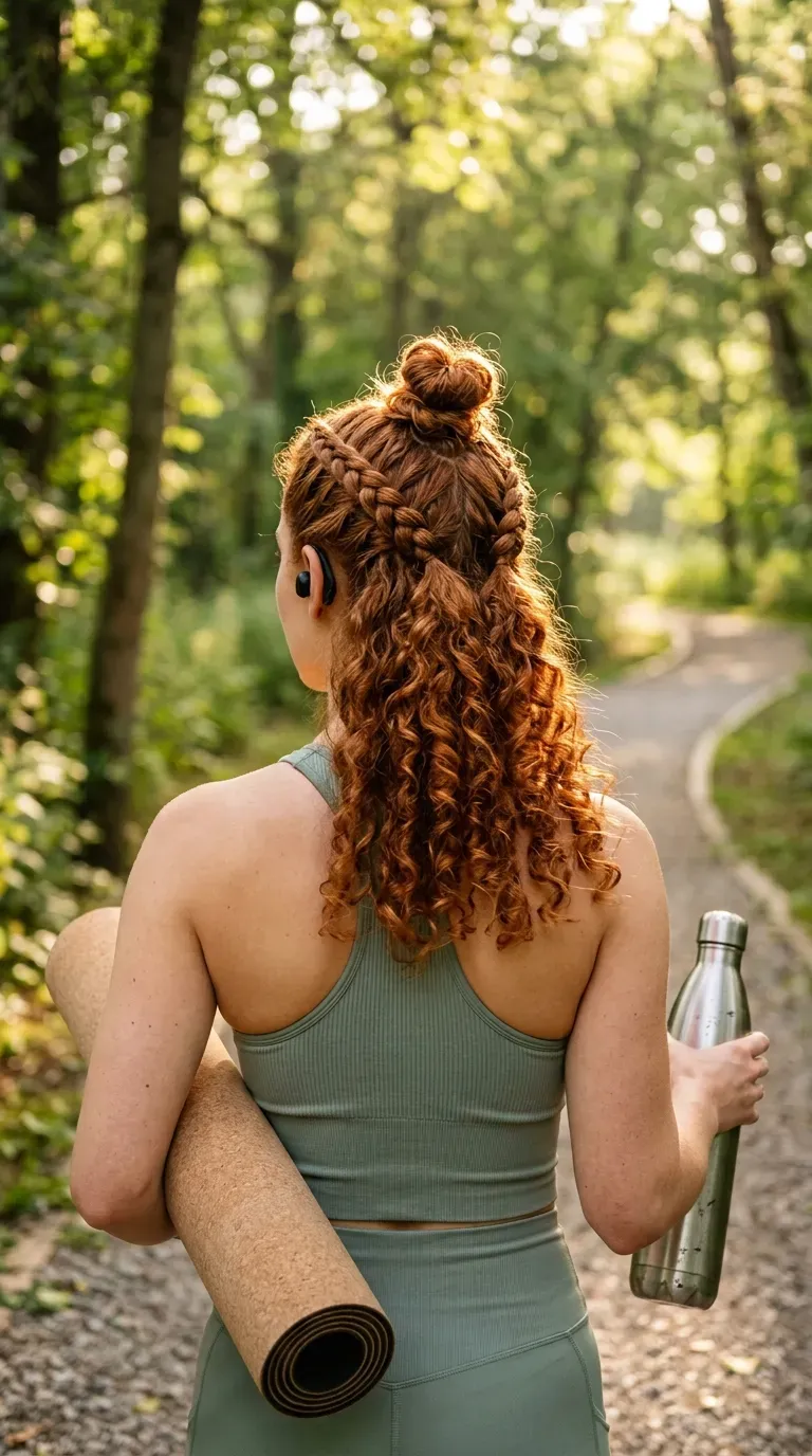 Cornrows from a middle part ending in wooden beads on top of black curls
