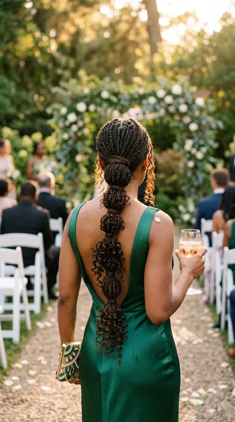 Middle part knotless braids with curly face framing strands at a cafe window seat