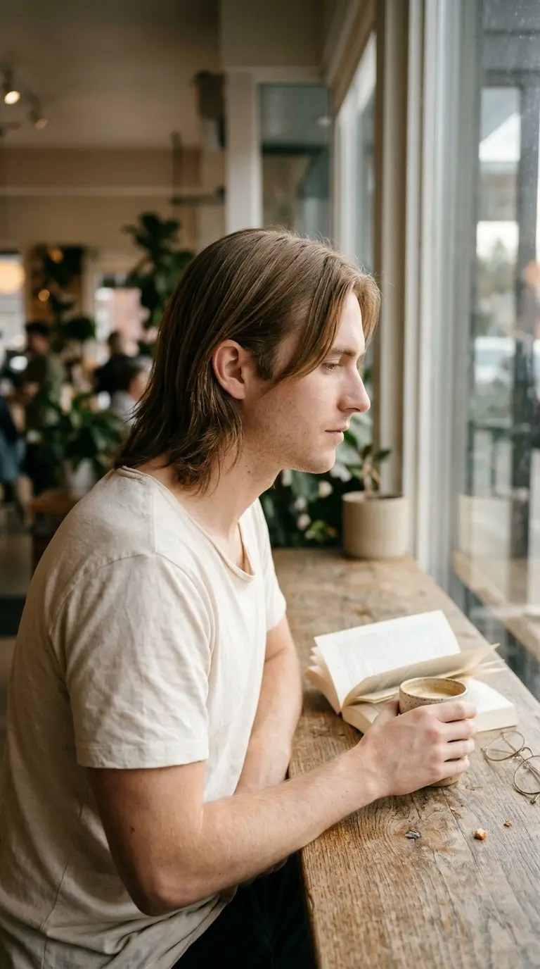 Side profile of a middle part with long curtain layers at a cafe