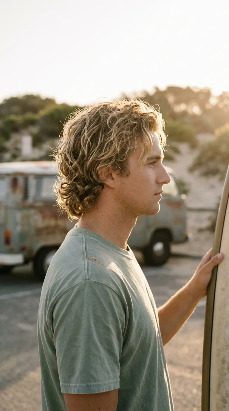 Three quarter back view of a man with middle part curtain hair falling past his cheekbones