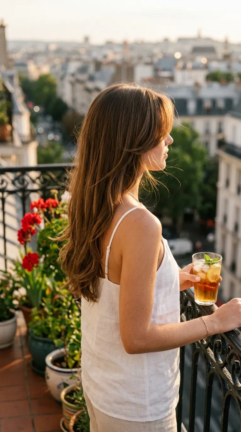 Chestnut long hair with middle part face framing swooped back on a sunny balcony