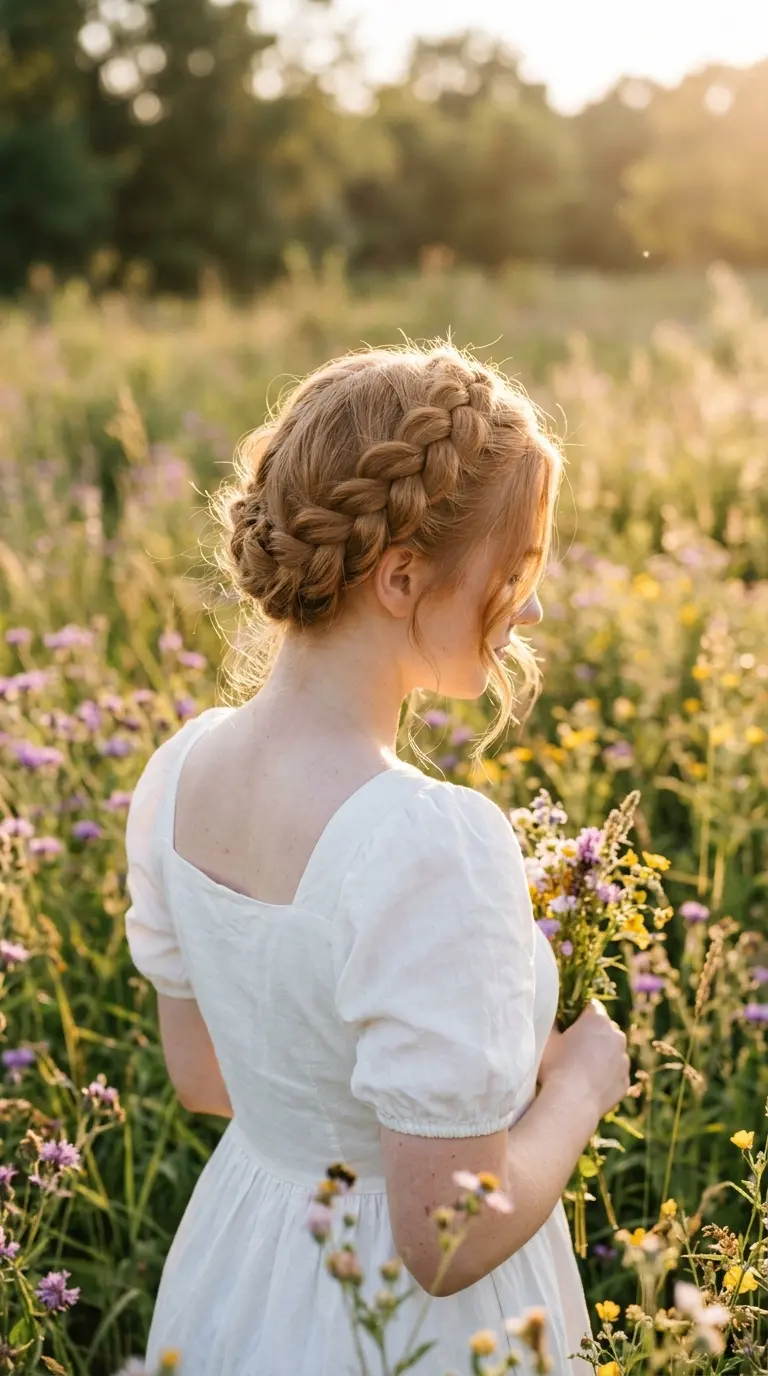 Three quarter view of two braids pinned over the top of the head like a crown with soft face framing pieces
