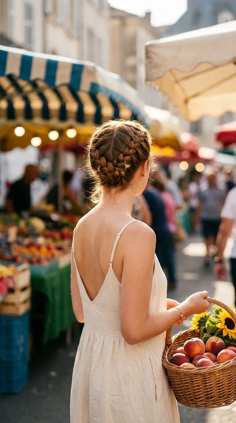 Back view of milkmaid braids crossed on top at a sunny market