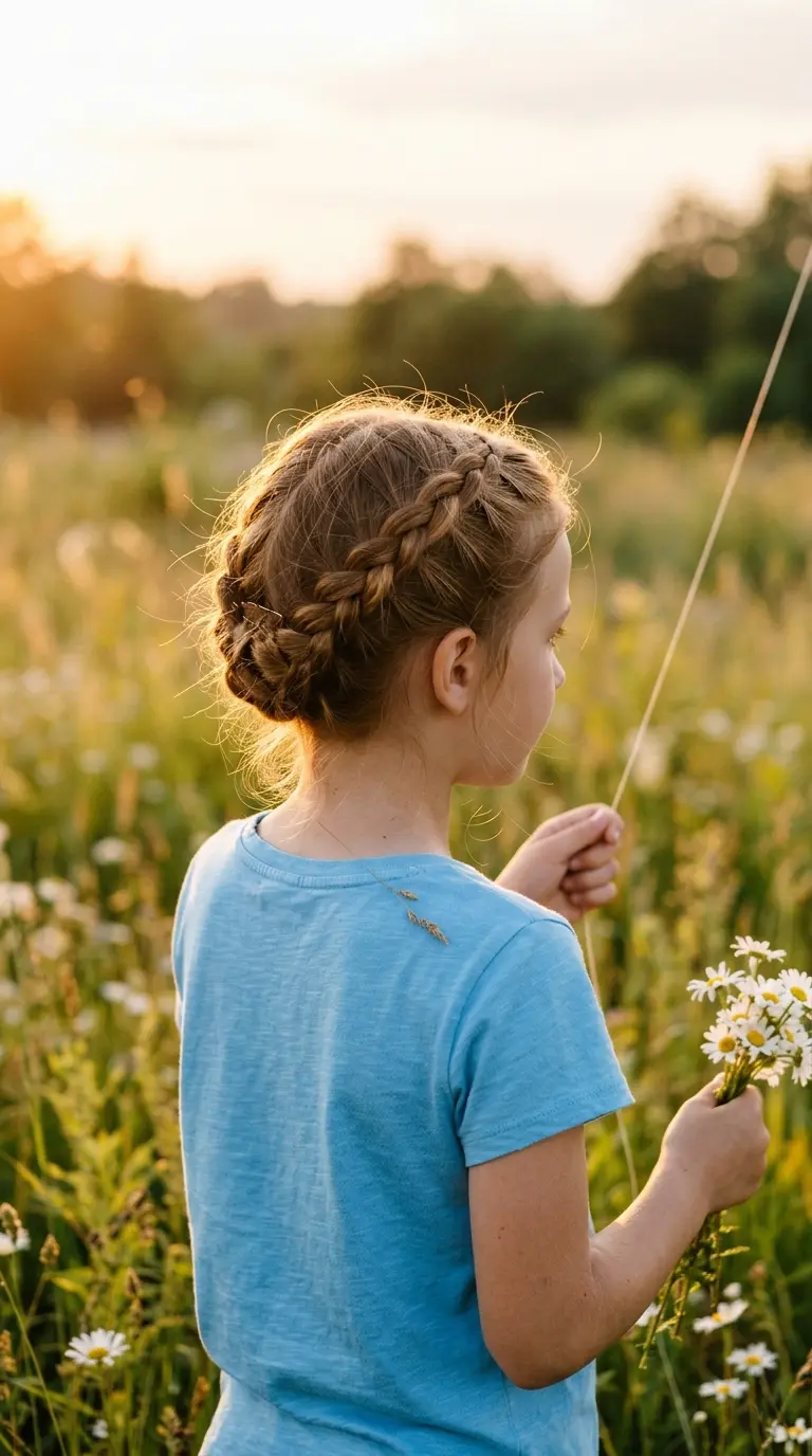 Three quarter back view of milkmaid braids pinned over a girl’s head in a meadow