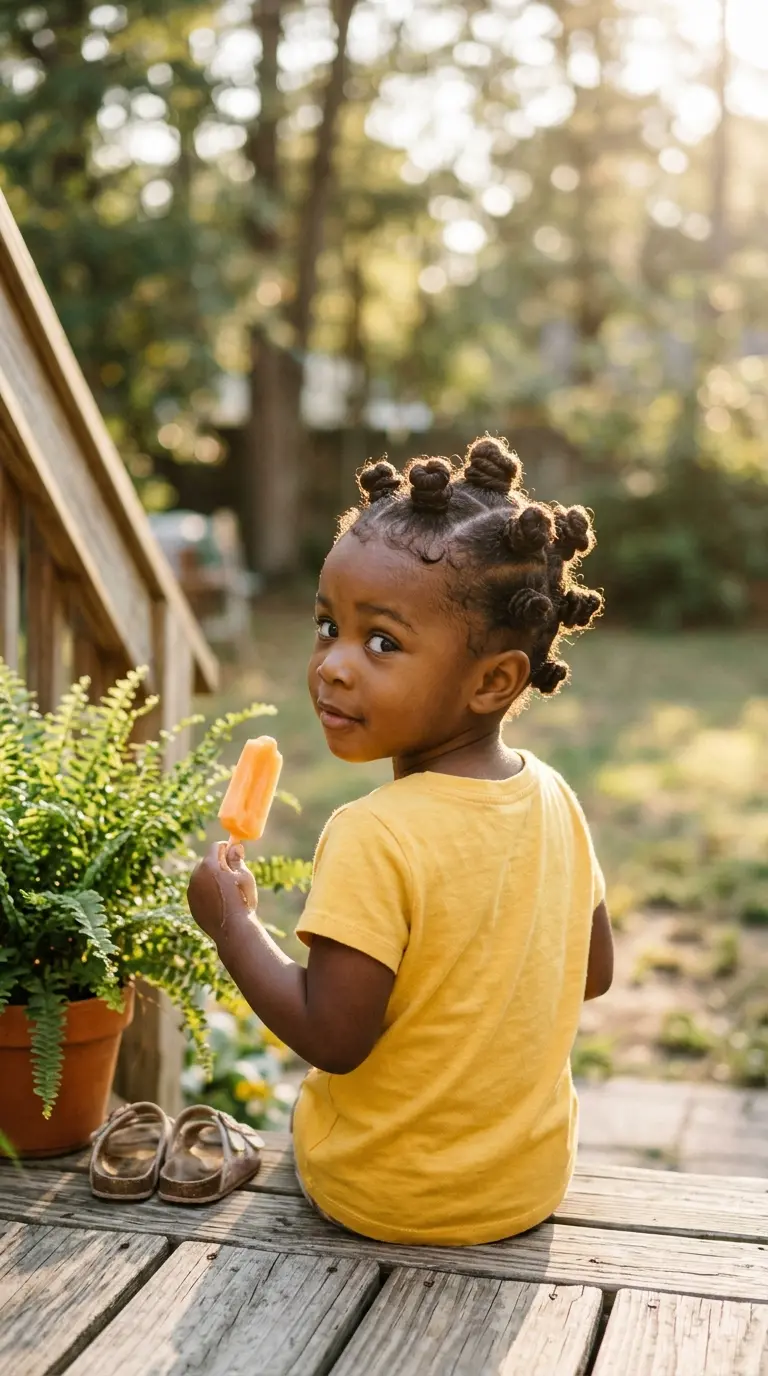 Over the shoulder view of a toddler with mini Bantu knots eating a popsicle