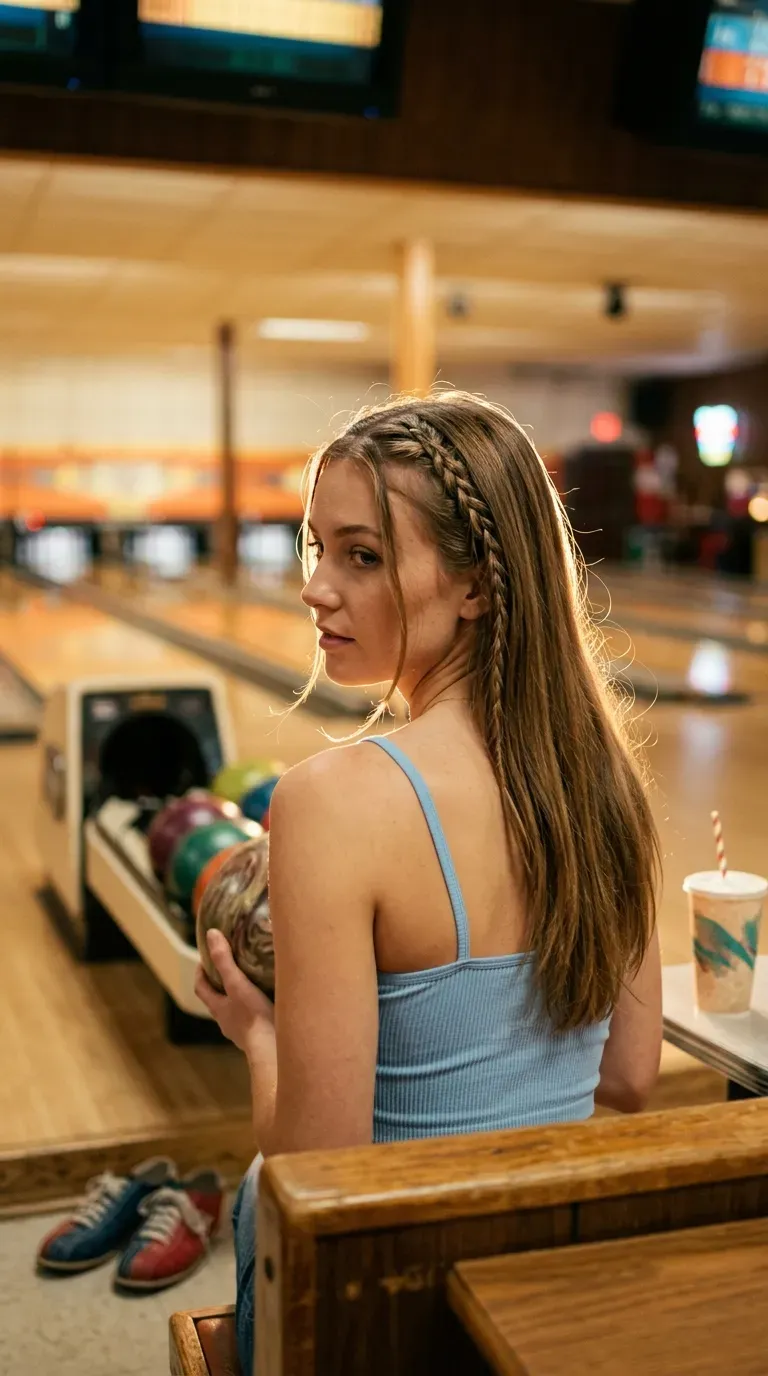 Three quarter back view of loose hair with a thin braid at the temple