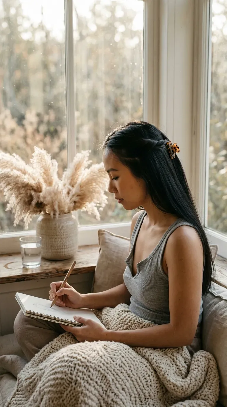 Side profile of two tortoiseshell mini claw clips holding back long black hair