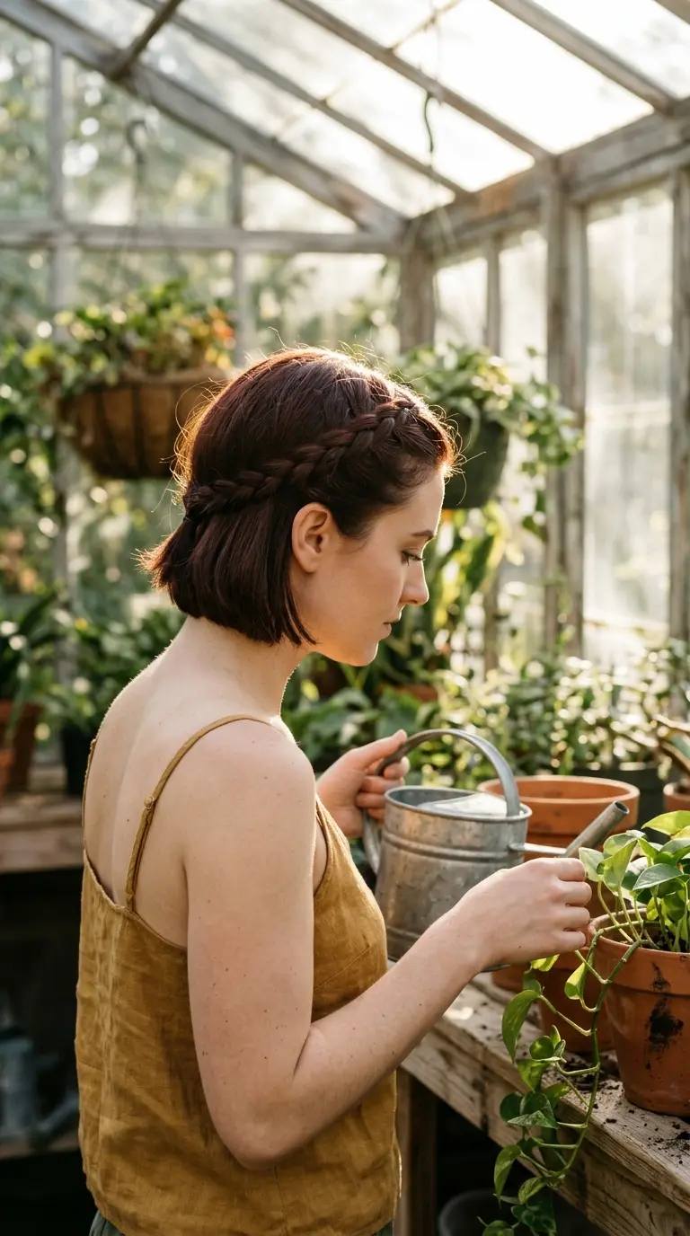 Side profile of a dark auburn ear length bob with a mini Dutch braid