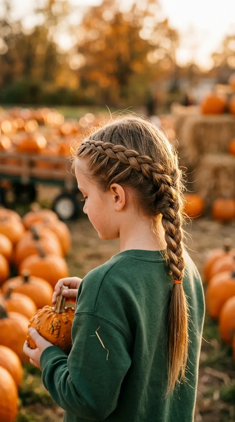 Three quarter front view of a girl with a chin length bob and two small French braids at the temples on a playground