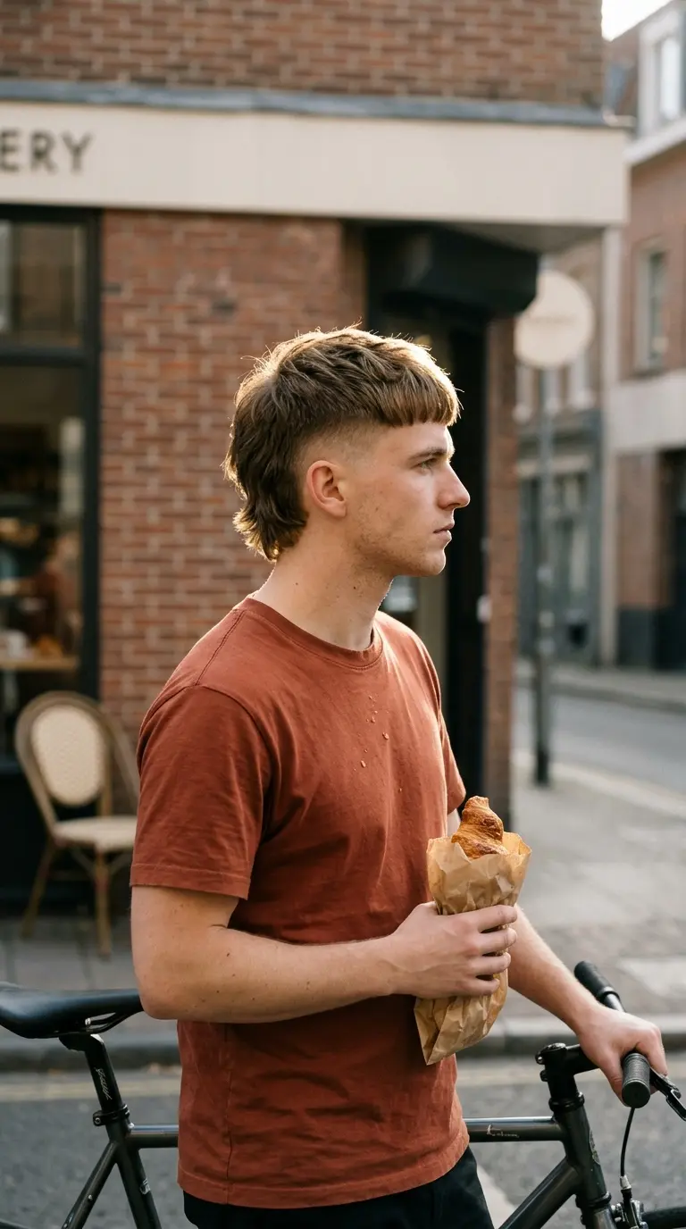 Side profile of a mini mullet with a textured crop and blunt fringe