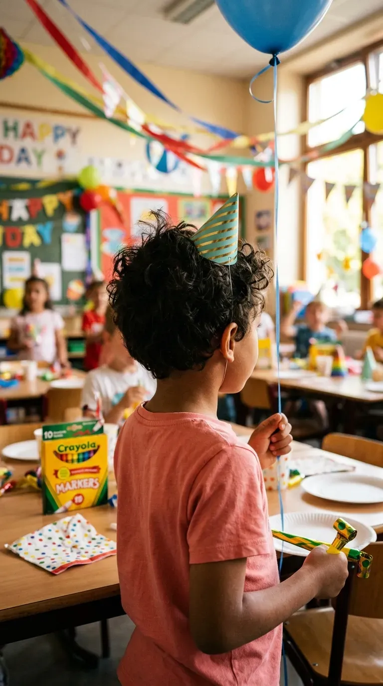 Tiny striped party hat clipped off center on a child's short spiky hair