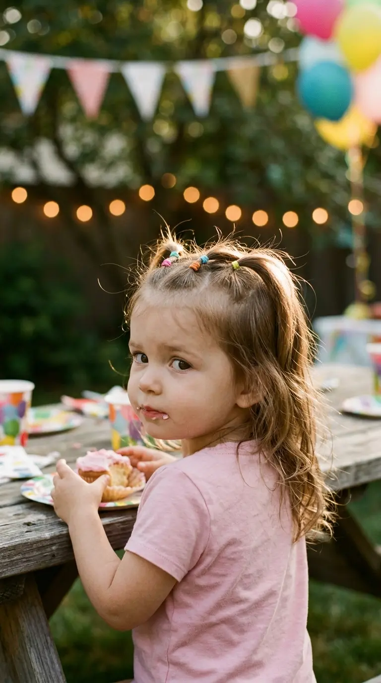 Over the shoulder view of a toddler with mini ponytails at a party