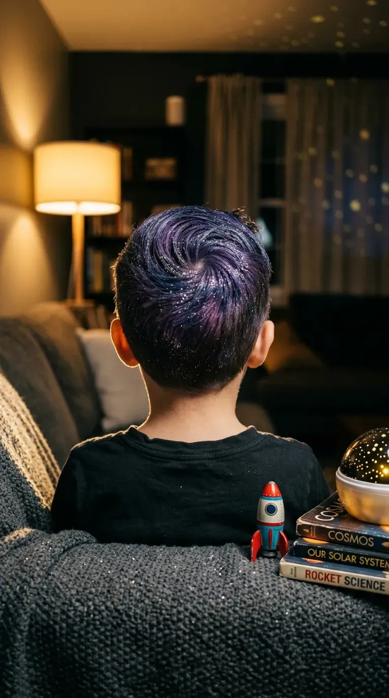 Child with short hair gathered into many tiny sprouts with neon elastics