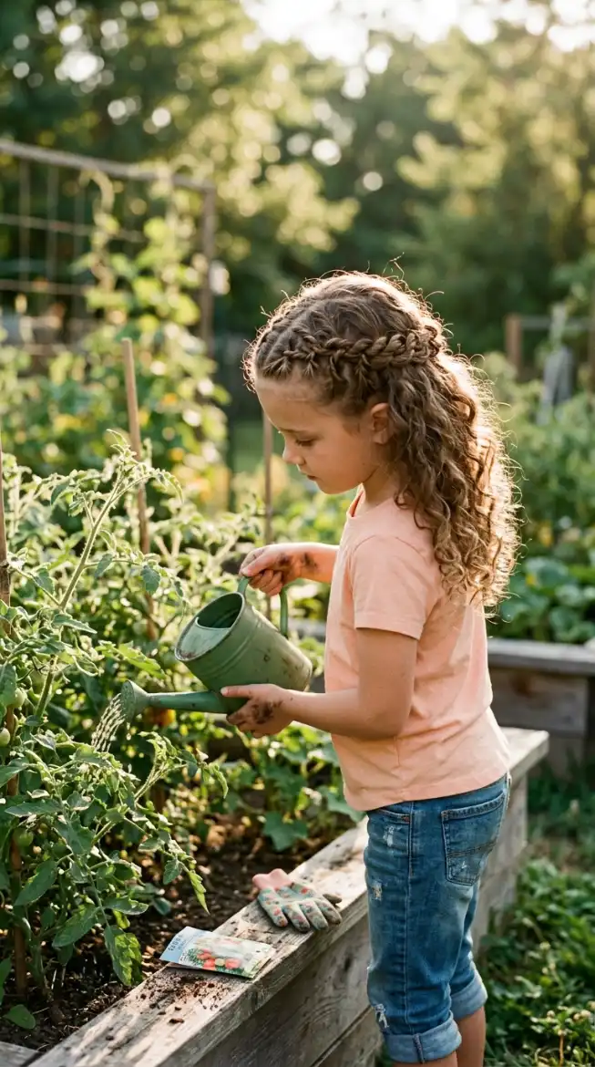 Three quarter side view of a curly twist crown on a girl watering plants
