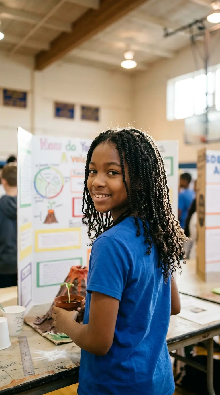 Over the shoulder view of a girl with mini two strand twists at a science fair
